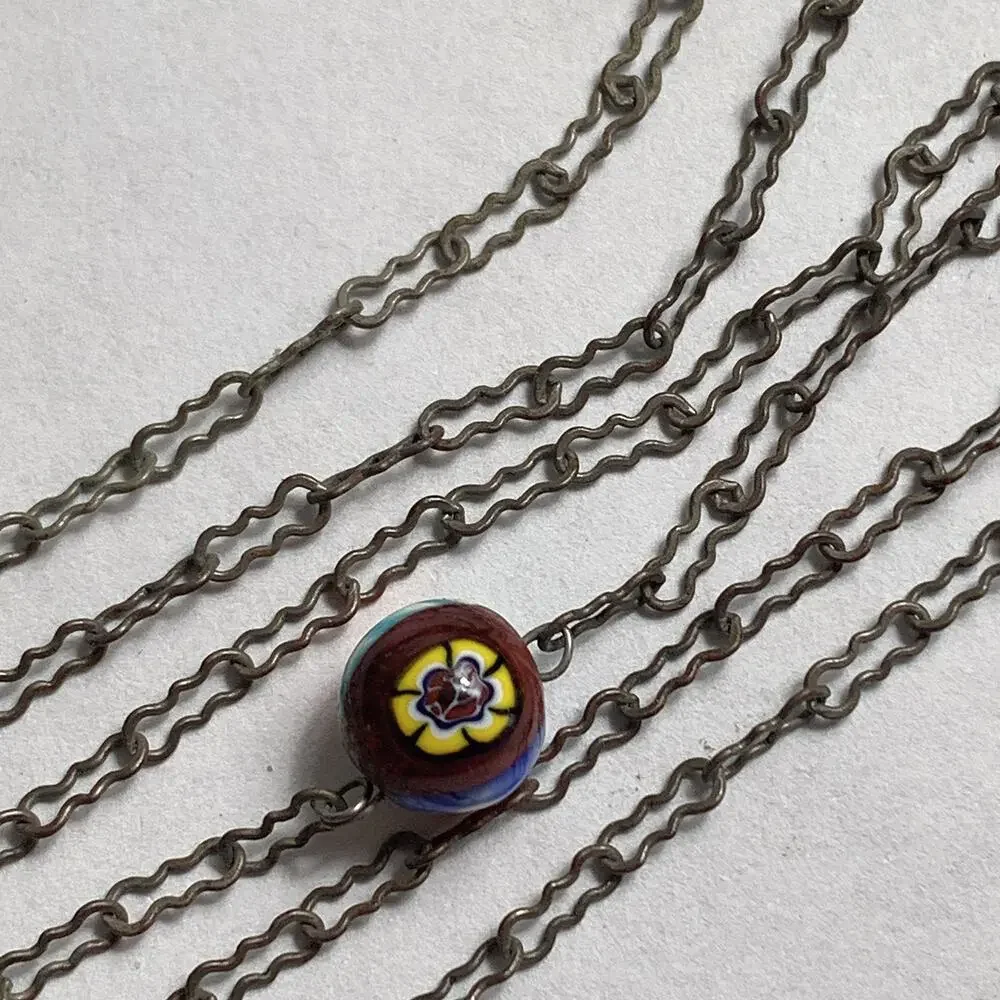 VTG 1950s 60s Millefiori Glass Bead Necklace Long Opera Silver Tone 54